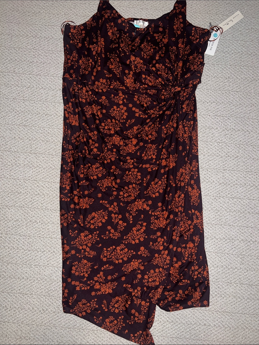 nine britton Black Dress with Rust Floral Print, Asymmetrical Hem